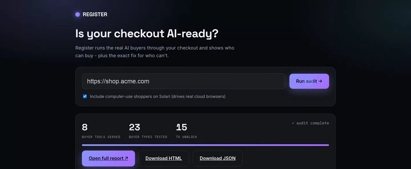 The Register portal: enter a store URL, run the audit, and open the report on which AI buyers can check out
