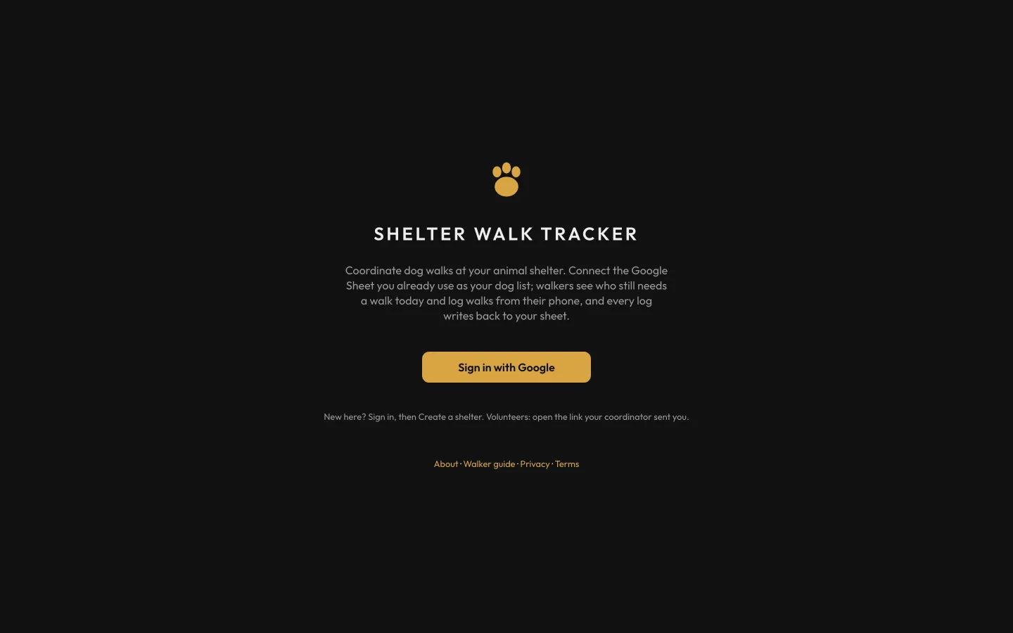 Shelter Walk Tracker sign-in screen